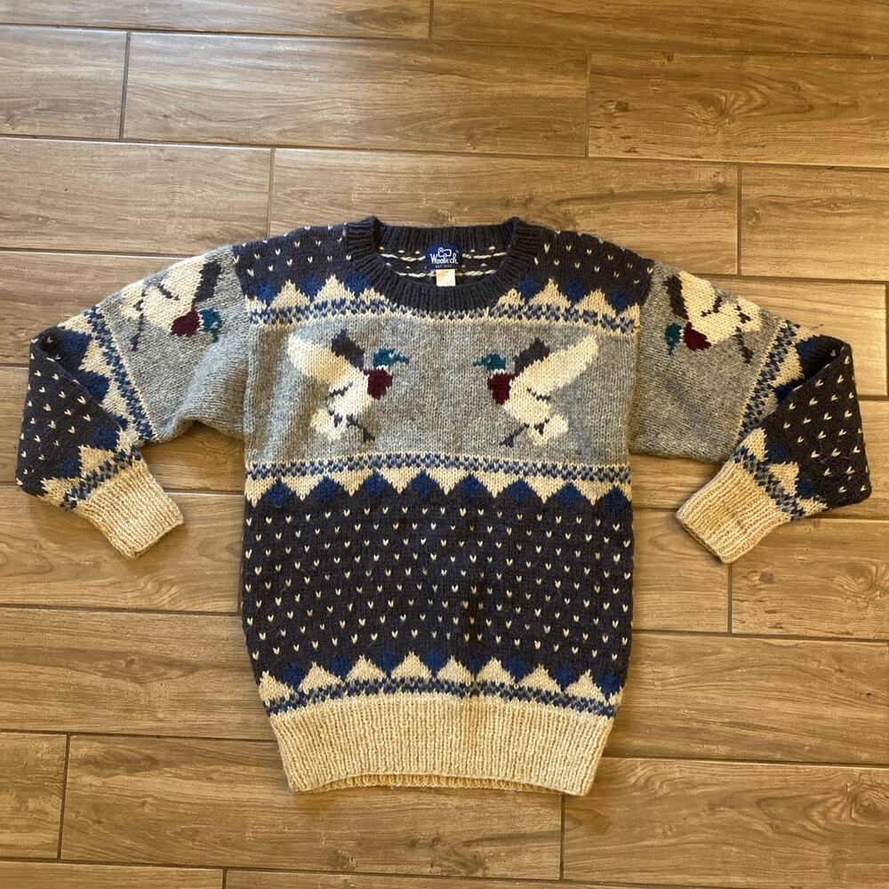 Woolrich Duck Mallard Graphic Knit Sweater Pullover 100% Wool Size Medium